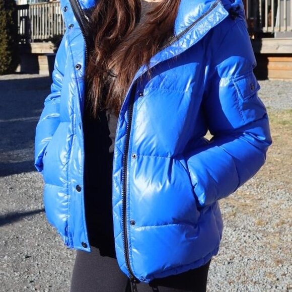 S13 Shiny Blue Down Collared Hooded Down Winter Puffer Coat - Picture 2 of 3